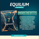 Advertisement for Equilibrium Calmante with product packaging and ingredient list on a blue background