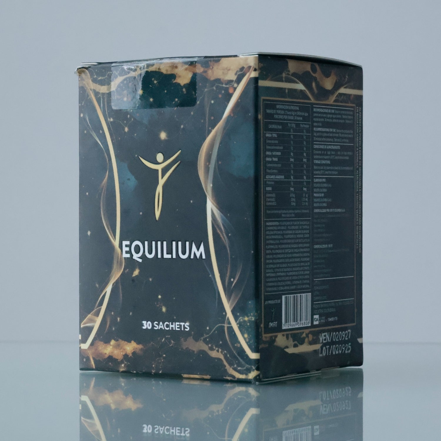 Box of Equilibrium with gold accents on a reflective surface