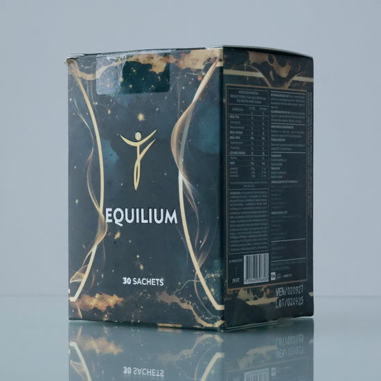 Box of Equilibrium with gold accents on a reflective surface