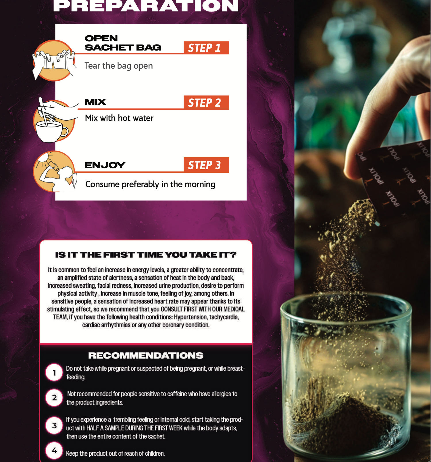 Instructions for preparing a product, shown on a purple background with a glass of the product.