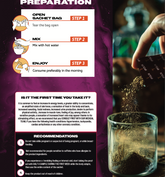 Instructions for preparing a product, shown on a purple background with a glass of the product.