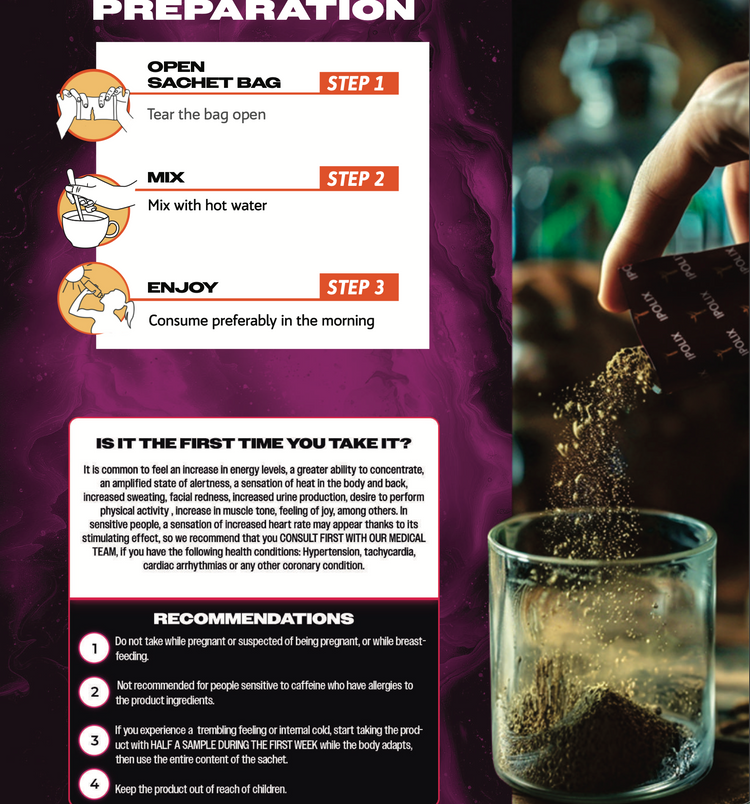 Instructions for preparing a product, shown on a purple background with a glass of the product.